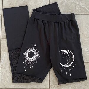 Gothic Sun & Moon Dark Grey White Graphic Yoga Pants